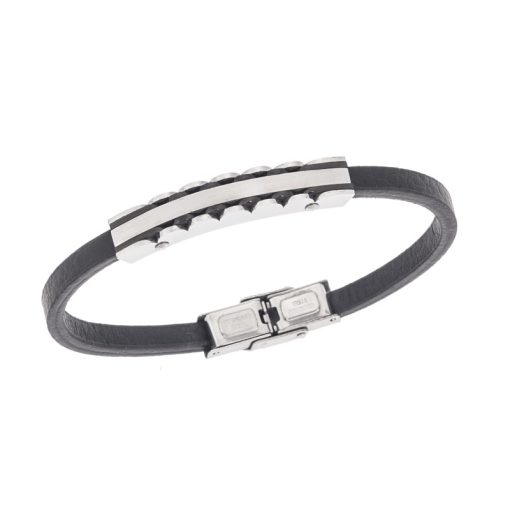Βραχιόλι Senza Men's Steel, Black Leather Strap, με χρυσή ταυτότητα