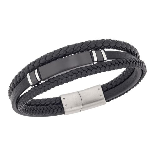Βραχιόλι τριπλό Senza Men's Steel, Black Leather Strap, με μαύρη ταυτότητα