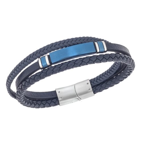 Βραχιόλι τριπλό Senza Men's Steel, Blue Leather Strap, με μπλε ταυτότητα