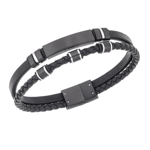 Βραχιόλι διπλό Senza Men's Steel, BLack Leather Strap, με μαύρη ταυτότητα και μαύρα / ασημί στοιχεία