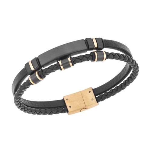 Βραχιόλι διπλό Senza Men's Steel, Black Leather Strap, με μαύρη ταυτότητα και μαύρα / χρυσά στοιχεία