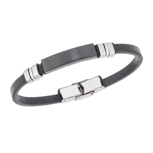 Βραχιόλι Senza Men's Steel, Βlack Leather Strap, με μαύρη ταυτότητα και ασημί / μαύρα στοιχεία