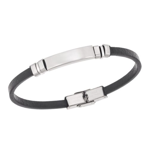 Βραχιόλι Senza Men's Steel, Βlack Leather Strap, με ασημί ταυτότητα και ασημί στοιχεία