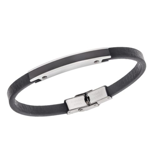 Βραχιόλι Senza Men's Steel, Βlack Leather Strap, με ασημί & μαύρη ταυτότητα