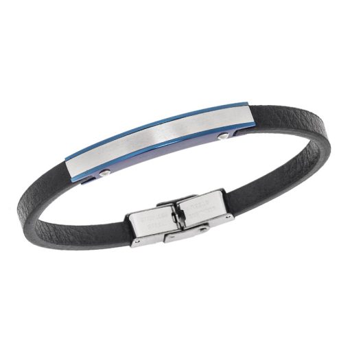 Βραχιόλι Senza Men's Steel, Βlack Leather Strap, με ασημί & μπλε ταυτότητα