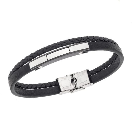 Βραχιόλι διπλό Senza Men's Steel, Βlack Leather Strap, με ασημί & μαύρη ταυτότητα