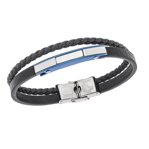Βραχιόλι διπλό Senza Men's Steel, Βlack Leather Strap, με ασημί & μπλε ταυτότητα