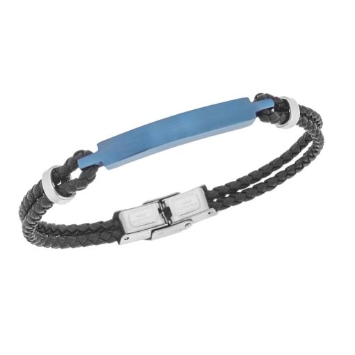 Βραχιόλι Senza Men's Steel, Βlack Leather Strap, με μπλε ταυτότητα