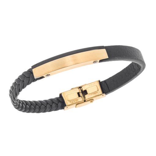 Βραχιόλι Senza Men's Steel, Βlack Leather Strap, με χρυσή ταυτότητα