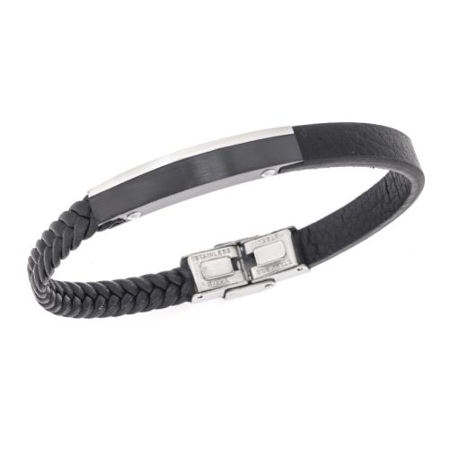 Βραχιόλι Senza Men's Steel, Βlack Leather Strap, με μαύρη & ασημί ταυτότητα