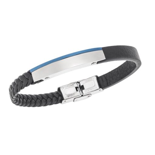 Βραχιόλι Senza Men's Steel, Βlack Leather Strap, με μπλε & ασημί ταυτότητα