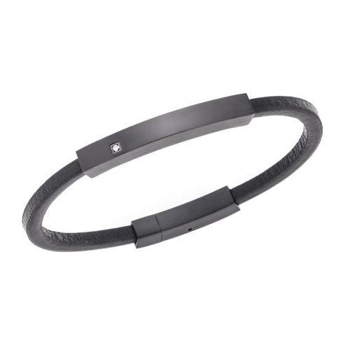 Βραχιόλι Senza Men's Steel, Βlack Leather Strap, με μαύρη ταυτότητα και πέτρα
