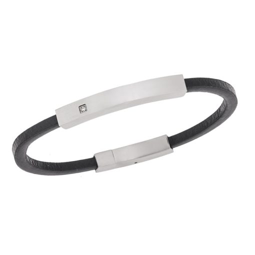 Βραχιόλι Senza Men's Steel, Βlack Leather Strap, με ασημί ταυτότητα και πέτρα