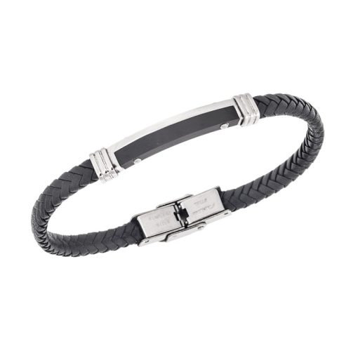 Βραχιόλι Senza Men's Steel, Βlack Leather Strap, με δίχρωμη ταυτότητα