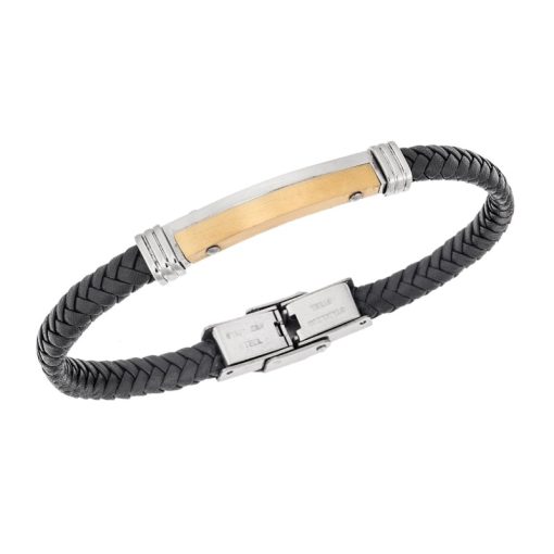 Βραχιόλι Senza Men's Gold Plated Steel, Βlack Leather Strap, με δίχρωμη ταυτότητα