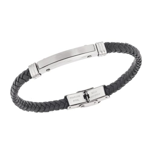 Βραχιόλι Senza Men's Steel, Βlack Leather Strap, με ασημί ταυτότητα