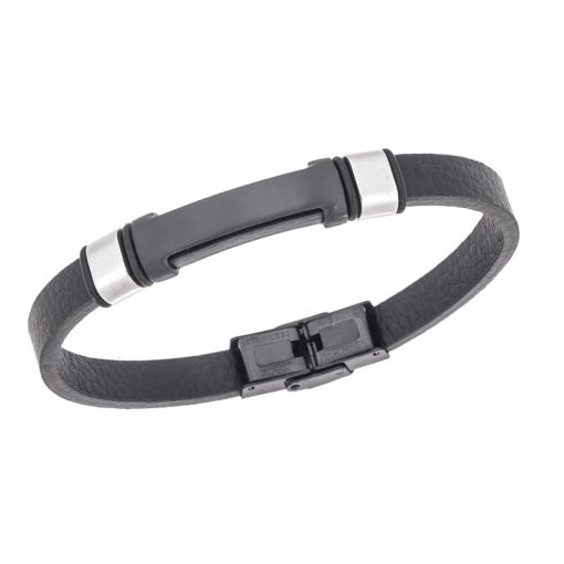 Βραχιόλι Senza Men's Steel, Βlack Leather Strap, με μαύρη ταυτότητα