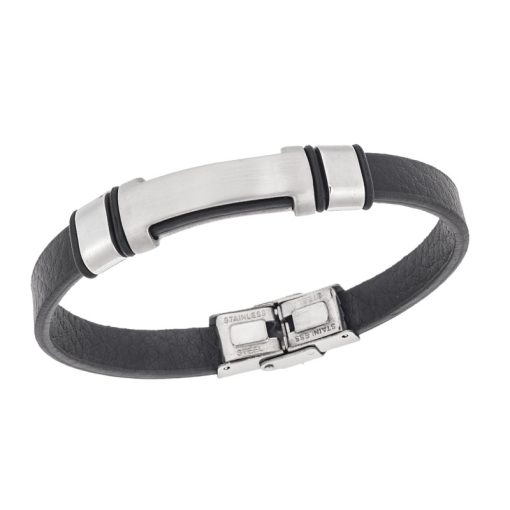 Βραχιόλι Senza Men's Steel, Βlack Leather Strap, με ασημί ταυτότητα