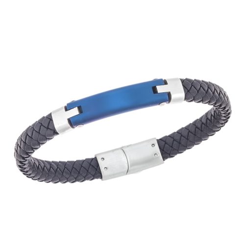 Βραχιόλι Senza Men's Steel, Βlack Leather Strap, με μπλε ταυτότητα