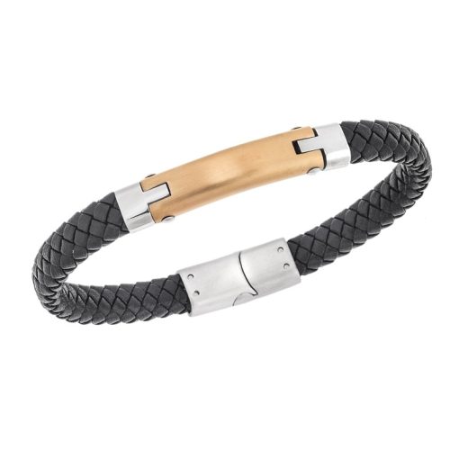 Βραχιόλι Senza Men's Steel, Βlack Leather Strap, με χρυσή ταυτότητα