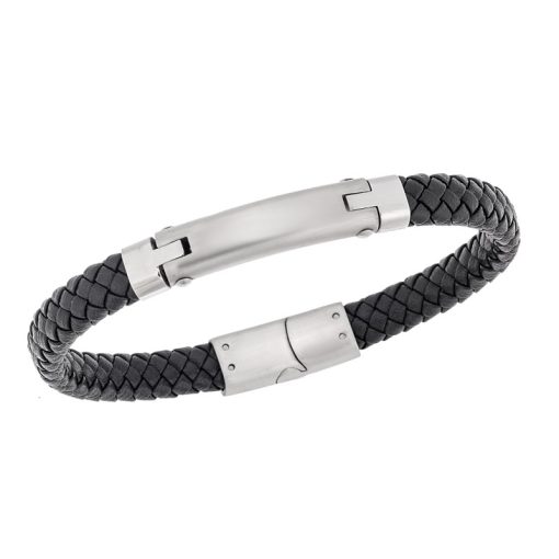 Βραχιόλι Senza Men's Steel, Βlack Leather Strap, με μαύρη ταυτότητα