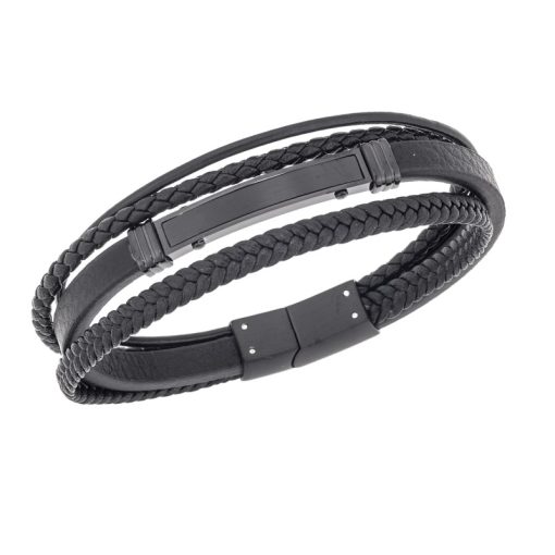 Βραχιόλι τετραπλό Senza Men's Steel, Black Leather Strap, με μαύρη ταυτότητα