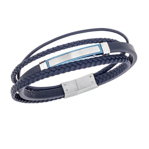 Βραχιόλι τετραπλό Senza Men's Steel, Blue Leather Strap, με δίχρωμη ταυτότητα