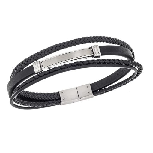 Βραχιόλι τετραπλό Senza Men's Steel, Black Leather Strap, με ασημί ταυτότητα
