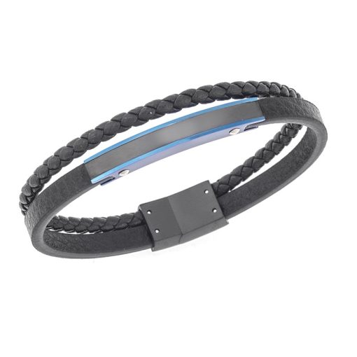 Βραχιόλι διπλό Senza Men's Steel, Black Leather Strap, με δίχρωμη ταυτότητα