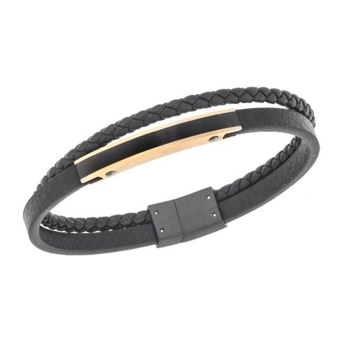 Βραχιόλι διπλό Senza Men's Gold Plated Steel, Black Leather Strap, με δίχρωμη ταυτότητα