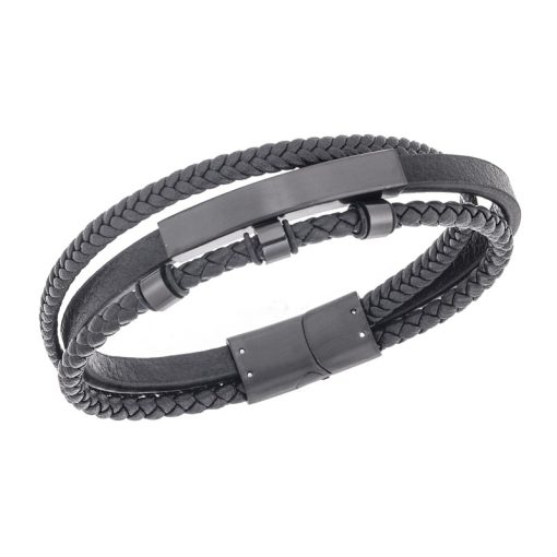 Βραχιόλι τριπλό Senza Men's Steel, Black Leather Strap, με μαύρη ταυτότητα