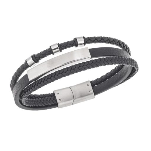 Βραχιόλι τριπλό Senza Men's Steel, Black Leather Strap, με ασημί ταυτότητα