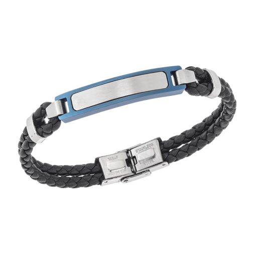 Βραχιόλι διπλό Senza Men's Steel, Black Leather Strap, με δίχρωμη ταυτότητα