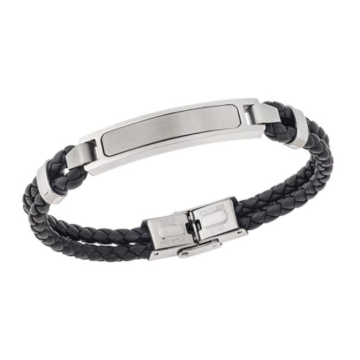 Βραχιόλι διπλό Senza Men's Steel, Black Leather Strap, με ασημί ταυτότητα
