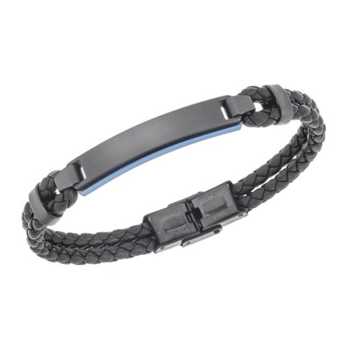 Βραχιόλι διπλό Senza Men's Steel, Black Leather Strap, με δίχρωμη ταυτότητα