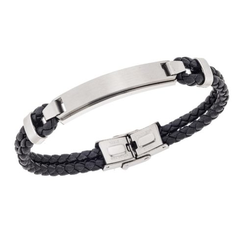 Βραχιόλι διπλό Senza Men's Steel, Black Leather Strap, με ασημί ταυτότητα