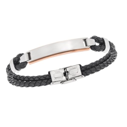 Βραχιόλι διπλό Senza Men's Steel, Black Leather Strap, με δίχρωμη ταυτότητα
