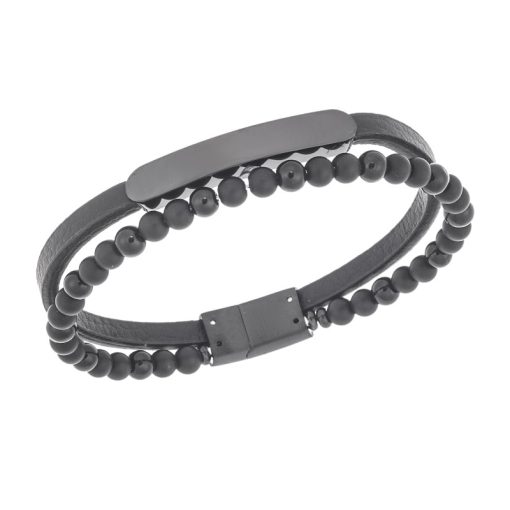 Βραχιόλι διπλό Senza Men's Steel, Black Leather Strap, με μαύρη ταυτότητα