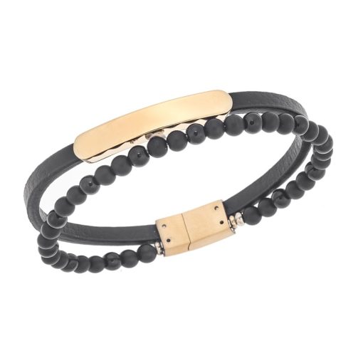 Βραχιόλι διπλό Senza Men's Gold Plated Steel, Black Leather Strap, με χρυσή ταυτότητα