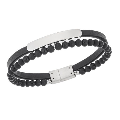 Βραχιόλι διπλό Senza Men's Steel, Black Leather Strap, με ασημί ταυτότητα