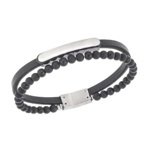 Βραχιόλι διπλό Senza Men's Steel, Black Leather Strap, με δίχρωμη ταυτότητα