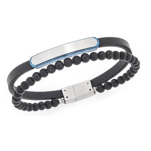 Βραχιόλι διπλό Senza Men's Steel, Black Leather Strap, με δίχρωμη ταυτότητα
