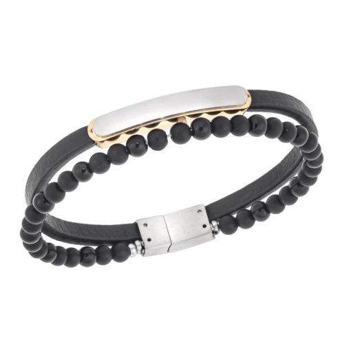 Βραχιόλι διπλό Senza Men's Gold Plated Steel, Black Leather Strap, με δίχρωμη ταυτότητα