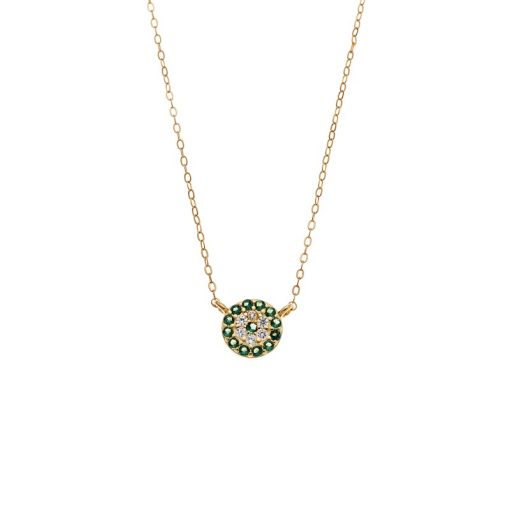 Κολιέ Senza Silver 925 Gold Plated, Στρογγυλό πράσινο ματάκι με ζιργκόν