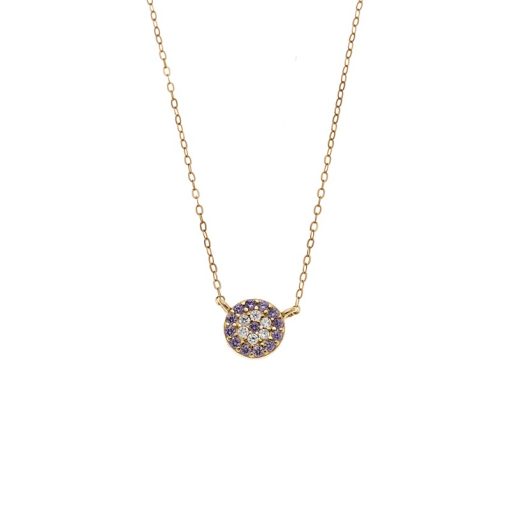 Κολιέ Senza Silver 925 Gold Plated, Στρογγυλό μωβ ματάκι με ζιργκόν