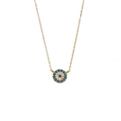 Κολιέ Senza Silver 925 Gold Plated, Στρογγυλό τυρκουάζ ματάκι με ζιργκόν