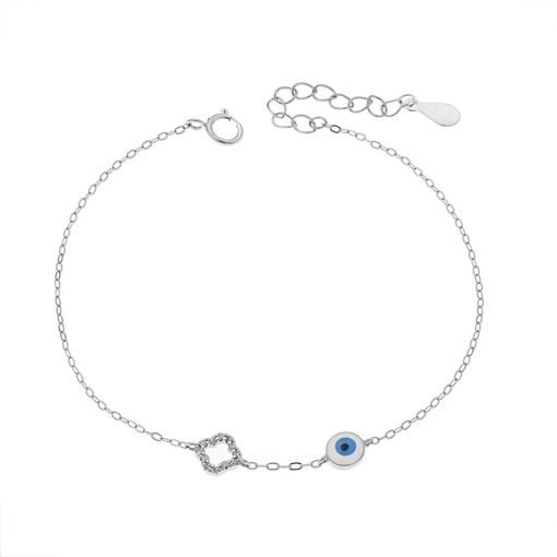 Βραχιόλι Senza Silver 925, Ματάκι λευκό & γαλάζιο με σμάλτο και σταυρό με ζιργκόν