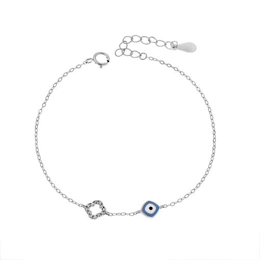 Βραχιόλι Senza Silver 925, Ματάκι γαλάζιο με σμάλτο και σταυρό με ζιργκόν