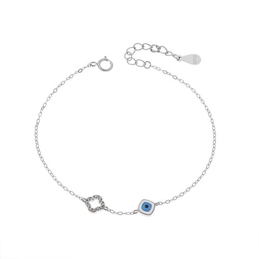 Βραχιόλι Senza Silver 925, Ματάκι λευκό & γαλάζιο με σμάλτο και σταυρό με ζιργκόν