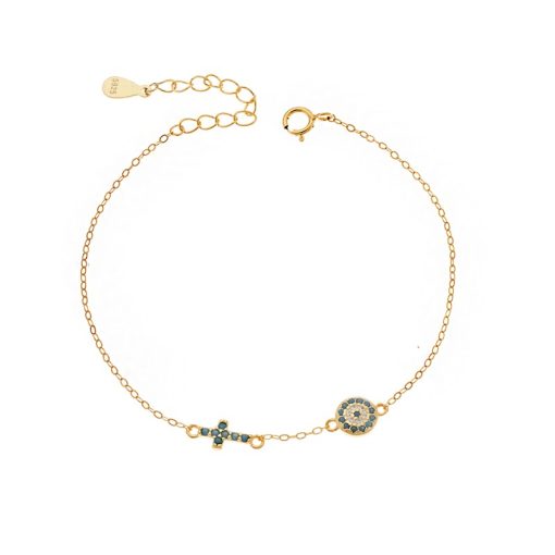 Βραχιόλι Senza Silver 925 Gold Plated, Ματάκι και σταυρός με τυρκουάζ ζιργκόν